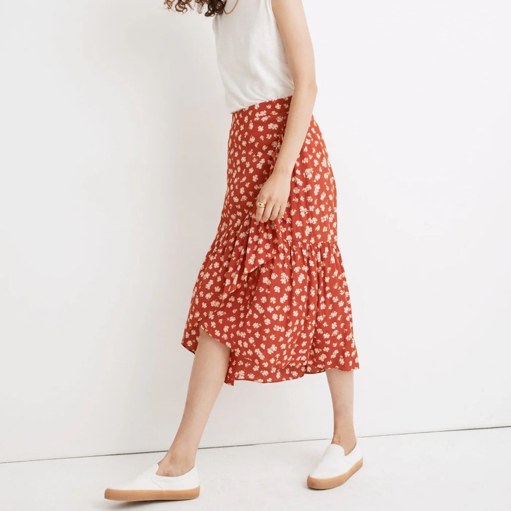 Madewell Red Tiered A-Line Midi Skirt